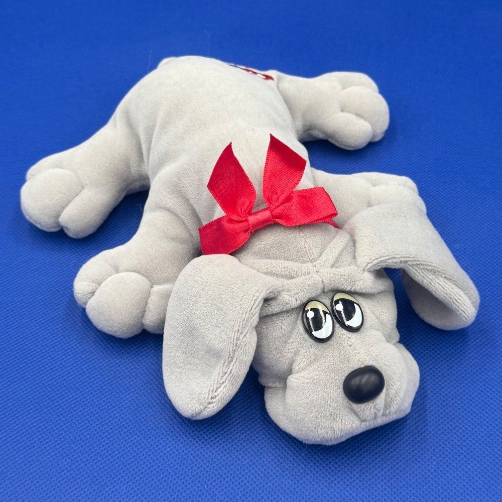 Vintage 1985 Tonka Pound Puppies Grey Plush Dog Puppy Red Bow Stuffed Animal Toy